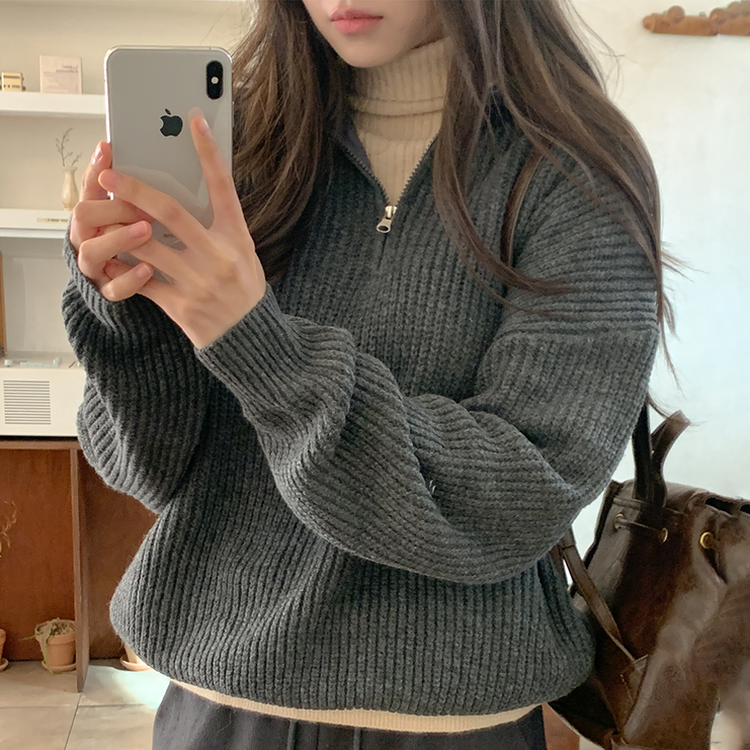 ナチュラルジップアップハイネックニット(5color) CHARCOAL