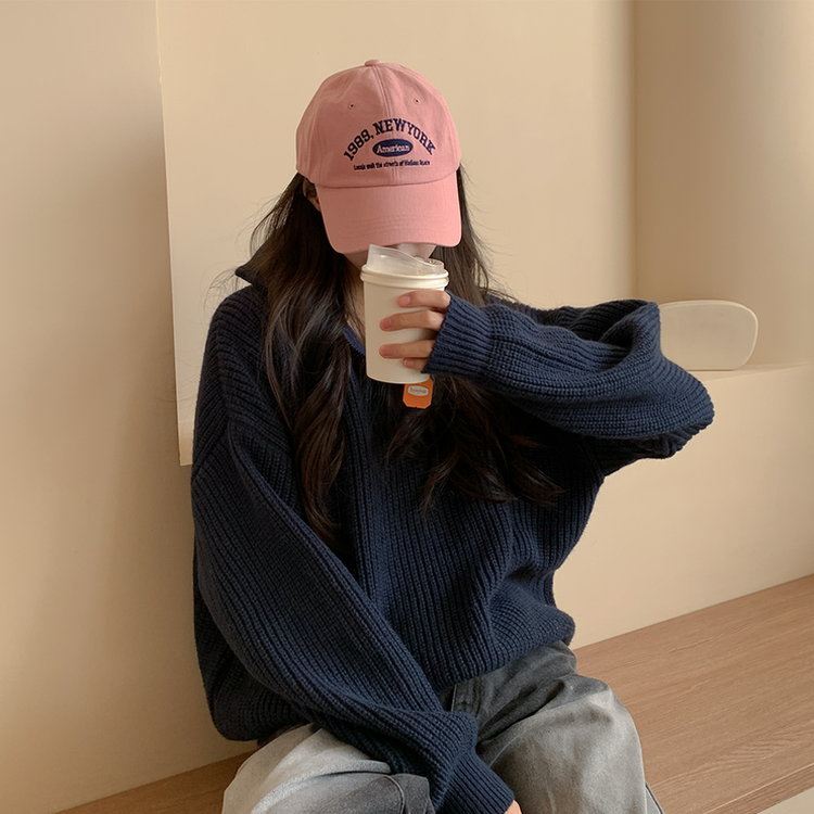 ナチュラルジップアップハイネックニット(5color) DARK BLUE