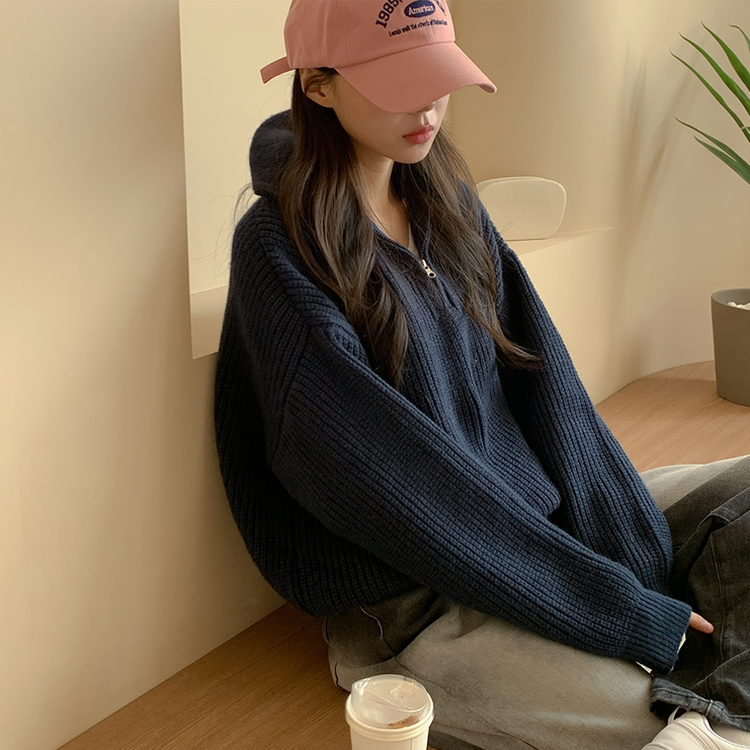 ナチュラルジップアップハイネックニット(5color) DARK BLUE