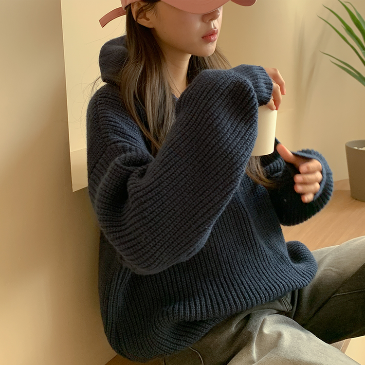 ナチュラルジップアップハイネックニット(5color) DARK BLUE