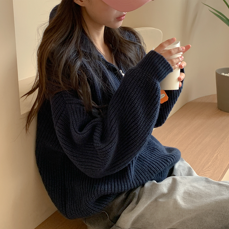 ナチュラルジップアップハイネックニット(5color) DARK BLUE