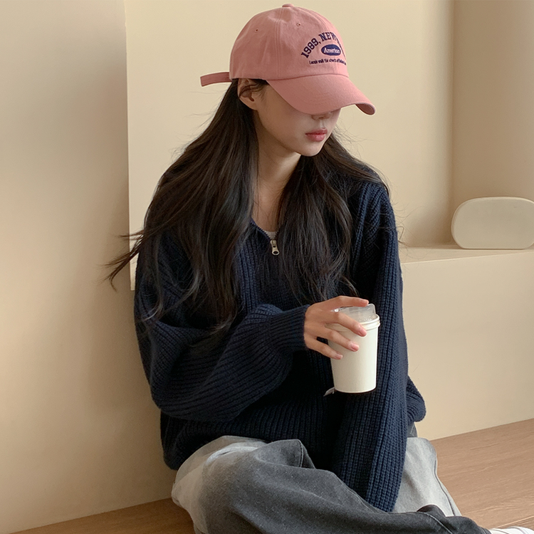 ナチュラルジップアップハイネックニット(5color) DARK BLUE