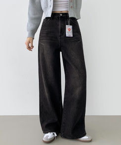 2XL어디에나 입기 좋은 본딩 기모 와이드핏 밴딩 데님팬츠 흑청