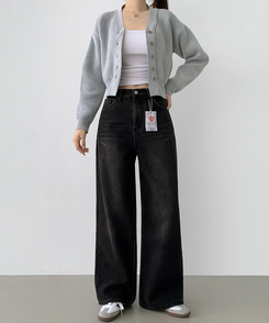 2XL어디에나 입기 좋은 본딩 기모 와이드핏 밴딩 데님팬츠 흑청