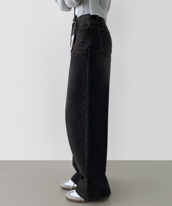 2XL어디에나 입기 좋은 본딩 기모 와이드핏 밴딩 데님팬츠 흑청