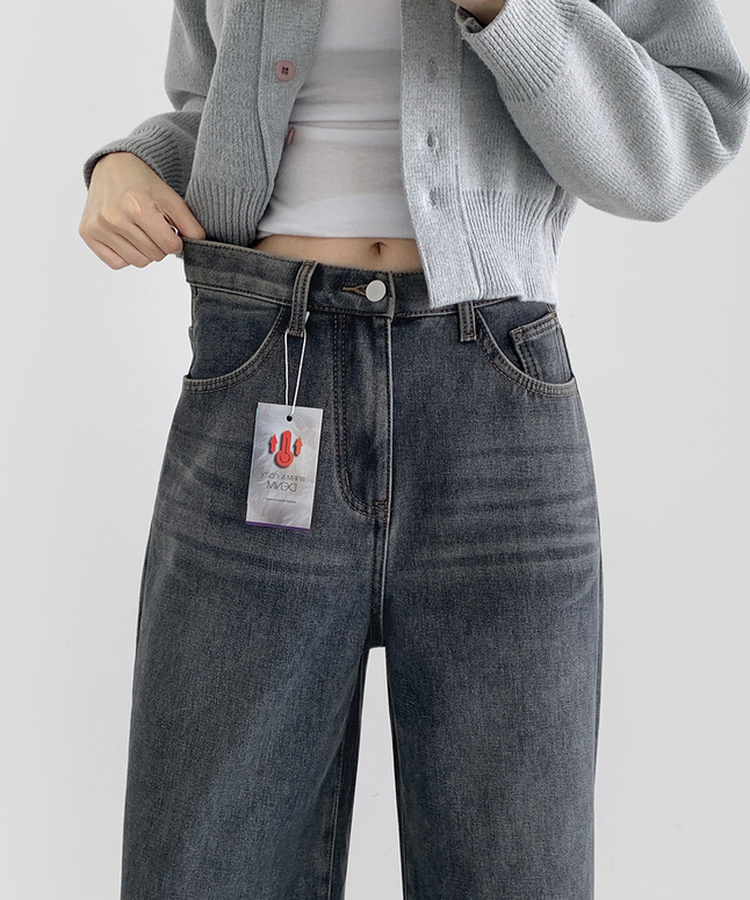 2XL어디에나 입기 좋은 본딩 기모 와이드핏 밴딩 데님팬츠 빈티지중청