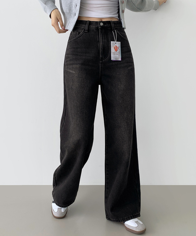 2XL어디에나 입기 좋은 본딩 기모 와이드핏 밴딩 데님팬츠 흑청