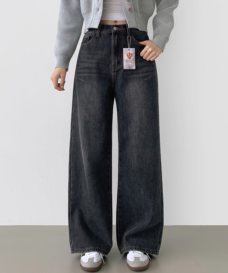 2XL어디에나 입기 좋은 본딩 기모 와이드핏 밴딩 데님팬츠 진청