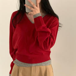 シンプルVネックニット(12color) RED