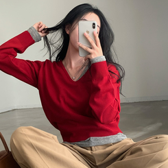 シンプルVネックニット(12color) RED