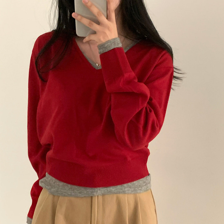 シンプルVネックニット(12color) RED