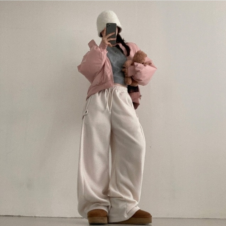 헬리 폭닥 후리스 기모 사이드스냅 비죠 버튼 와이드 트레이닝 팬츠