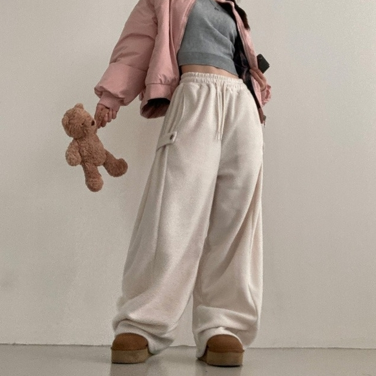 헬리 폭닥 후리스 기모 사이드스냅 비죠 버튼 와이드 트레이닝 팬츠