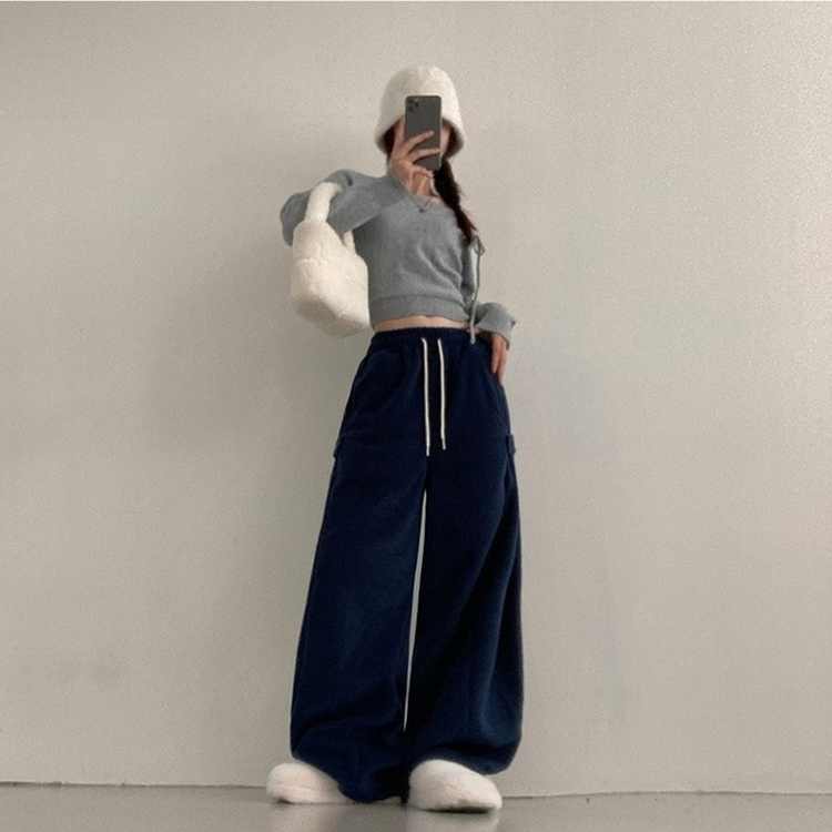 헬리 폭닥 후리스 기모 사이드스냅 비죠 버튼 와이드 트레이닝 팬츠