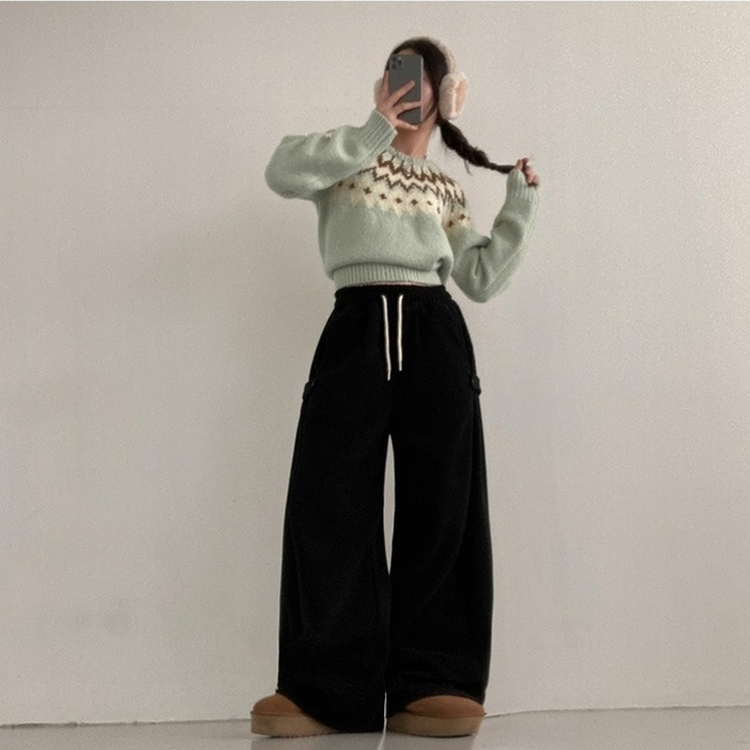 헬리 폭닥 후리스 기모 사이드스냅 비죠 버튼 와이드 트레이닝 팬츠