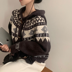 뉴픽 노르딕 떡볶이 자가드 후드 니트 가디건 3color 차콜