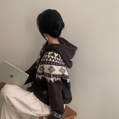 뉴픽 노르딕 떡볶이 자가드 후드 니트 가디건 3color 차콜