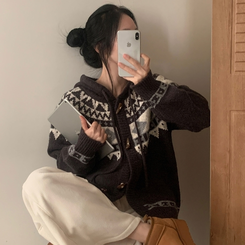 뉴픽 노르딕 떡볶이 자가드 후드 니트 가디건 3color 차콜