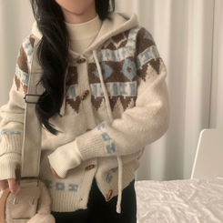 뉴픽 노르딕 떡볶이 자가드 후드 니트 가디건 3color 아이보리