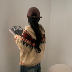 뉴픽 노르딕 떡볶이 자가드 후드 니트 가디건 3color 베이지