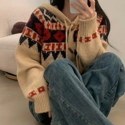 뉴픽 노르딕 떡볶이 자가드 후드 니트 가디건 3color 베이지