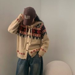 뉴픽 노르딕 떡볶이 자가드 후드 니트 가디건 3color 베이지