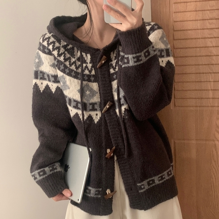 뉴픽 노르딕 떡볶이 자가드 후드 니트 가디건 3color 차콜