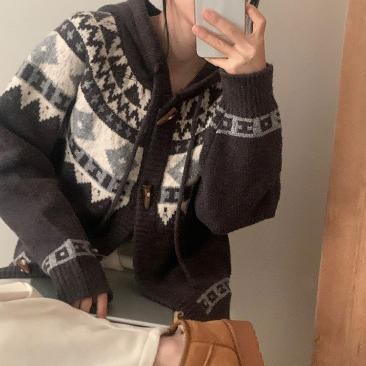 뉴픽 노르딕 떡볶이 자가드 후드 니트 가디건 3color 차콜