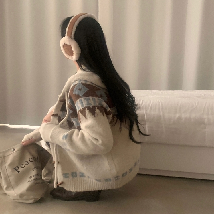 뉴픽 노르딕 떡볶이 자가드 후드 니트 가디건 3color 아이보리