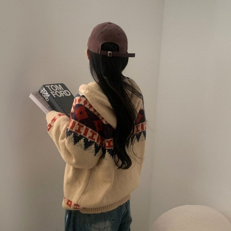 뉴픽 노르딕 떡볶이 자가드 후드 니트 가디건 3color 베이지