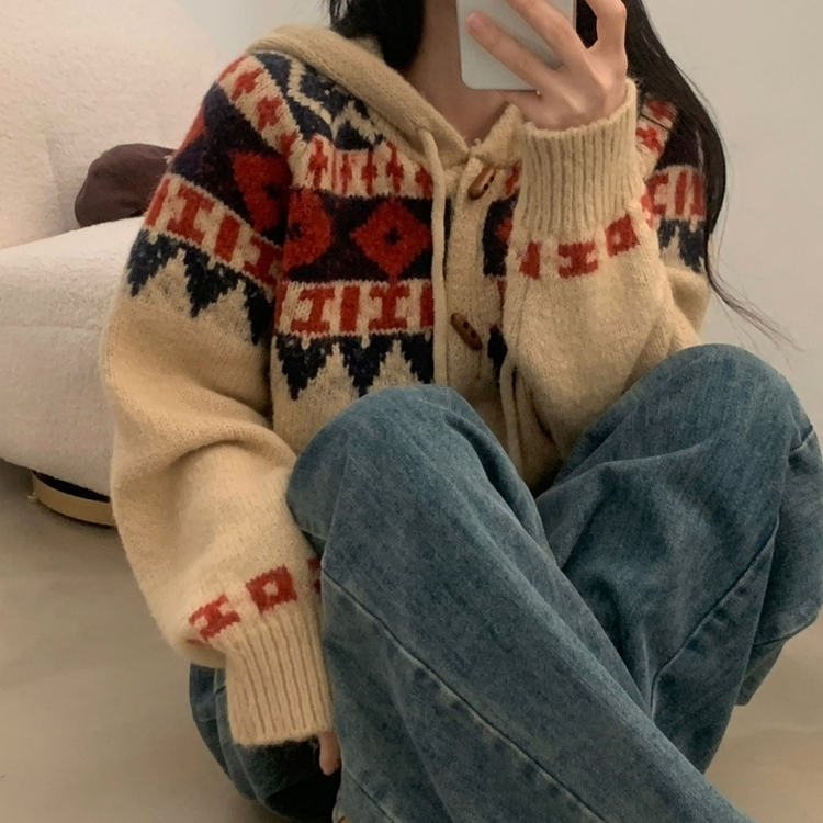 뉴픽 노르딕 떡볶이 자가드 후드 니트 가디건 3color 베이지