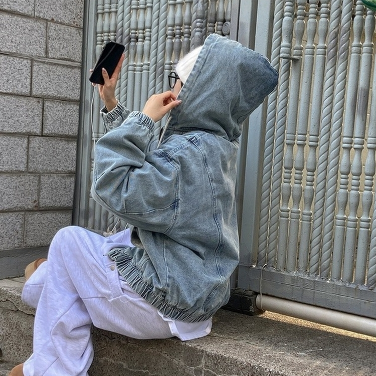 45R小麦デニムキルティングダウンジャケット キルティングウールフードデニムダウンジャケット｜ジャケット｜韓国