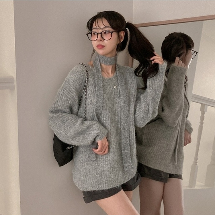 플럽 울 도톰한 브이넥 머플러 세트 루즈핏 니트 그레이