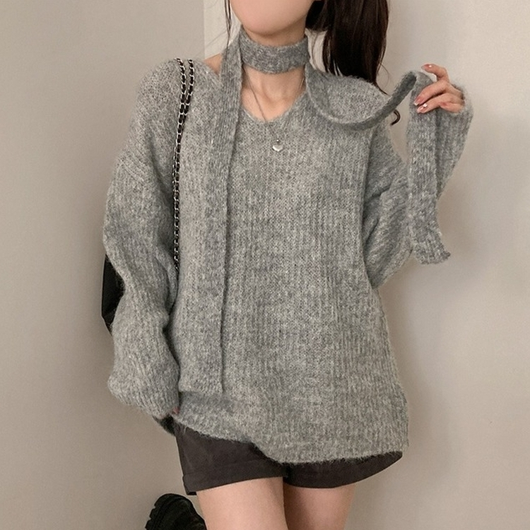 플럽 울 도톰한 브이넥 머플러 세트 루즈핏 니트 그레이