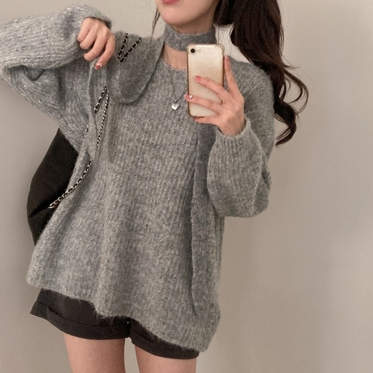 플럽 울 도톰한 브이넥 머플러 세트 루즈핏 니트 그레이