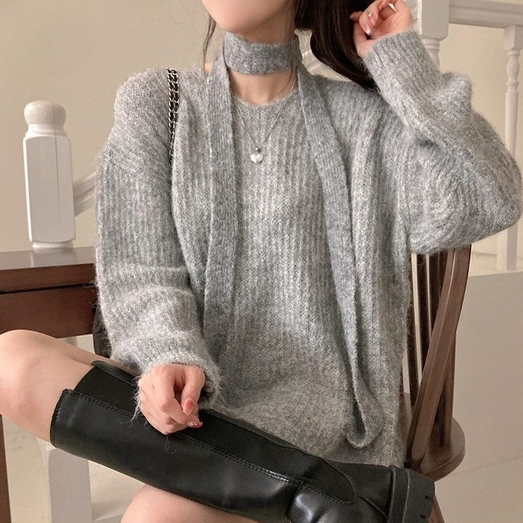 플럽 울 도톰한 브이넥 머플러 세트 루즈핏 니트 그레이