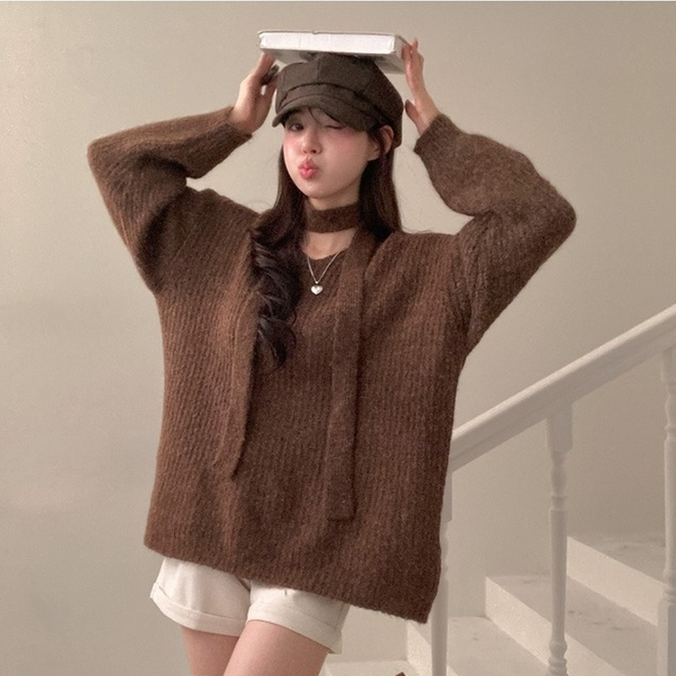 플럽 울 도톰한 브이넥 머플러 세트 루즈핏 니트 브라운