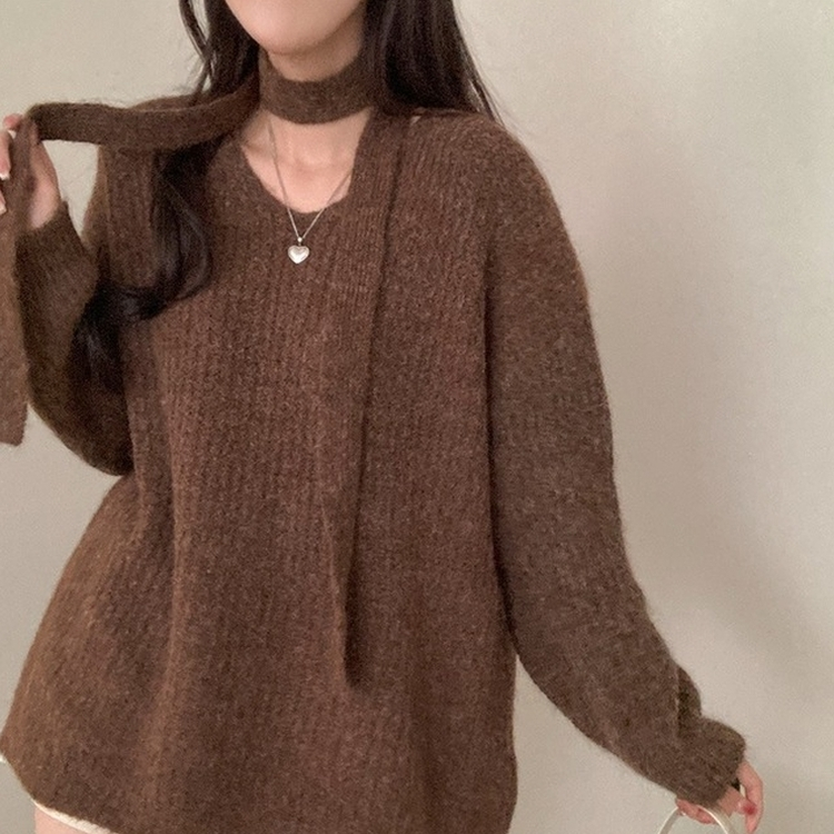 플럽 울 도톰한 브이넥 머플러 세트 루즈핏 니트 브라운