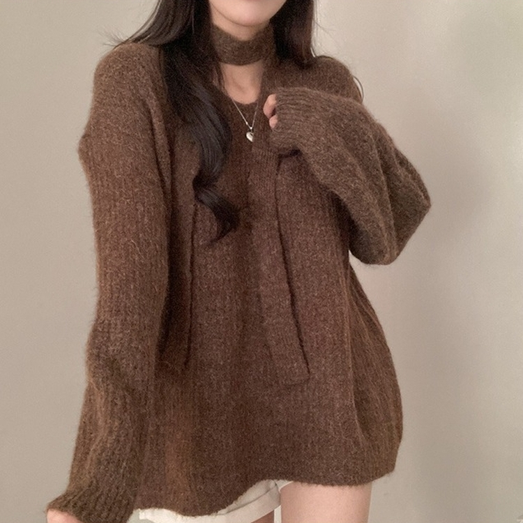 플럽 울 도톰한 브이넥 머플러 세트 루즈핏 니트 브라운