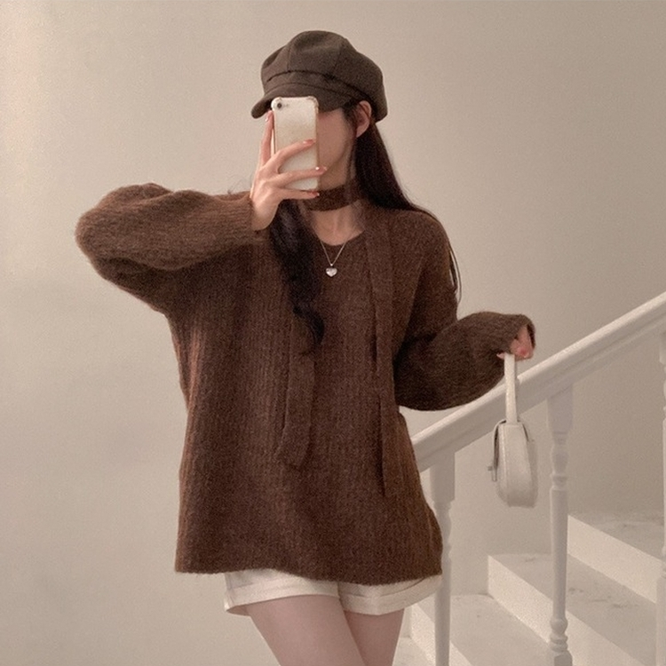 플럽 울 도톰한 브이넥 머플러 세트 루즈핏 니트 브라운