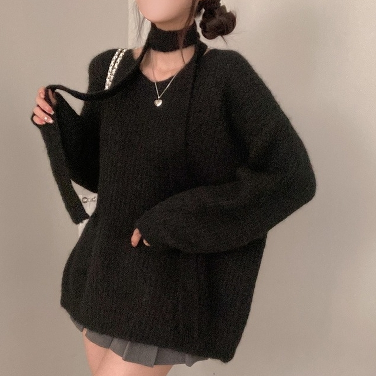 플럽 울 도톰한 브이넥 머플러 세트 루즈핏 니트 블랙