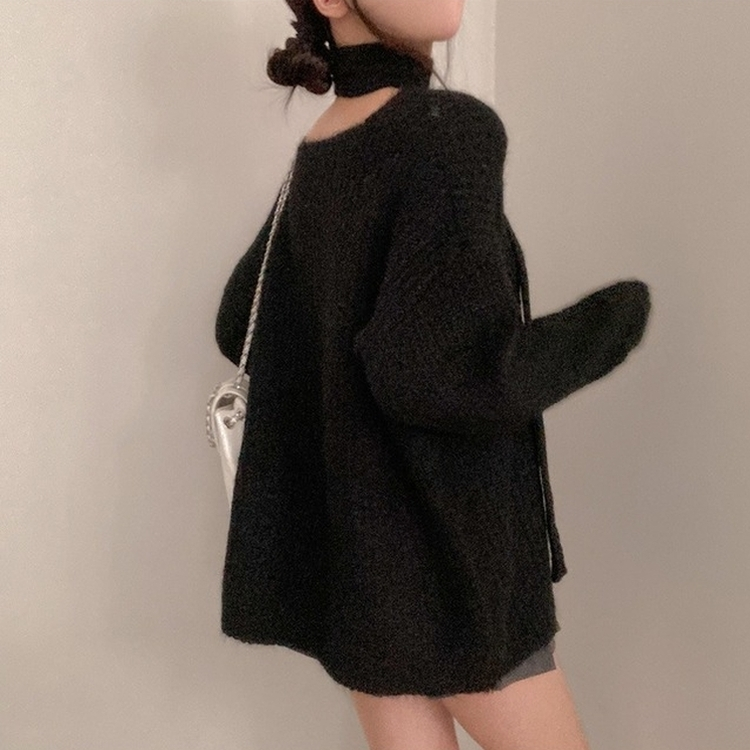 플럽 울 도톰한 브이넥 머플러 세트 루즈핏 니트 블랙