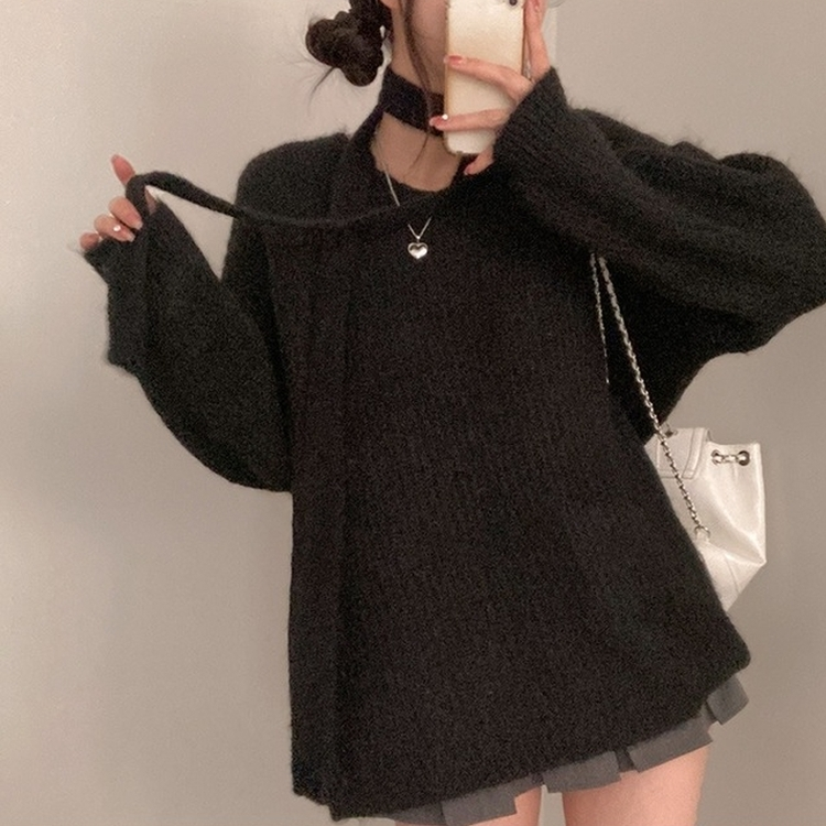 플럽 울 도톰한 브이넥 머플러 세트 루즈핏 니트 블랙