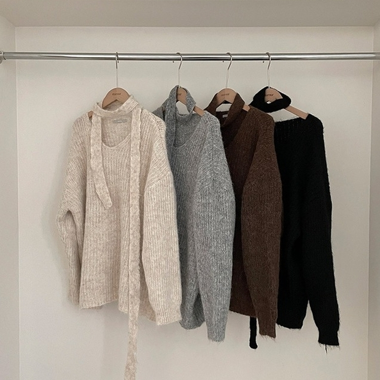 플럽 울 도톰한 브이넥 머플러 세트 루즈핏 니트