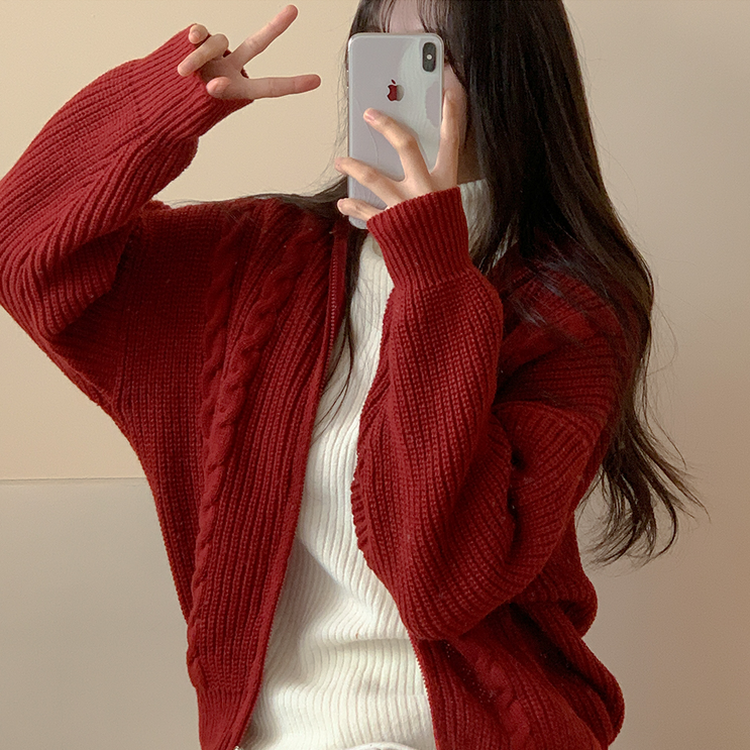 シグナルケーブルニットジップアップ WINE