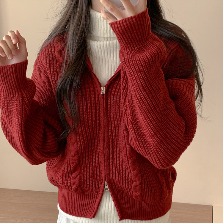 シグナルケーブルニットジップアップ WINE