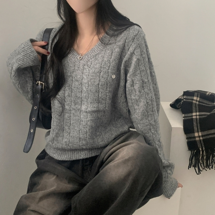 ケーブルワッペンVネックニット(5color) GREY