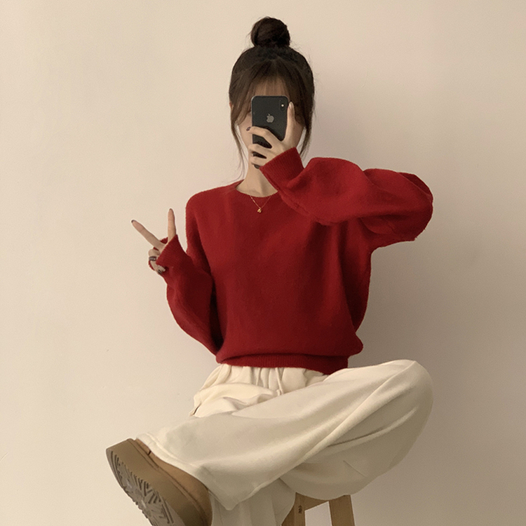 ラウンドパステルベーシックセミクロップニット(10color) red