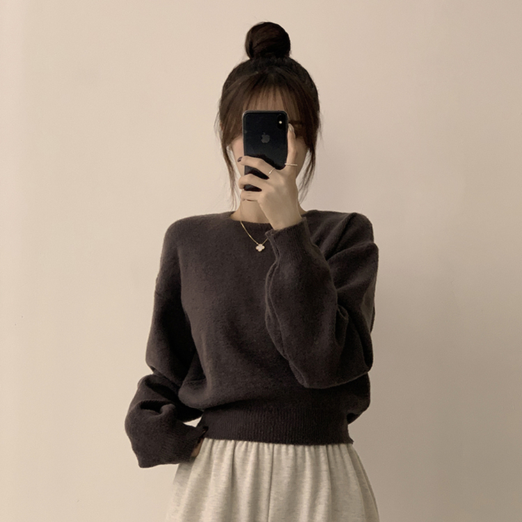 ラウンドパステルベーシックセミクロップニット(10color) BROWN