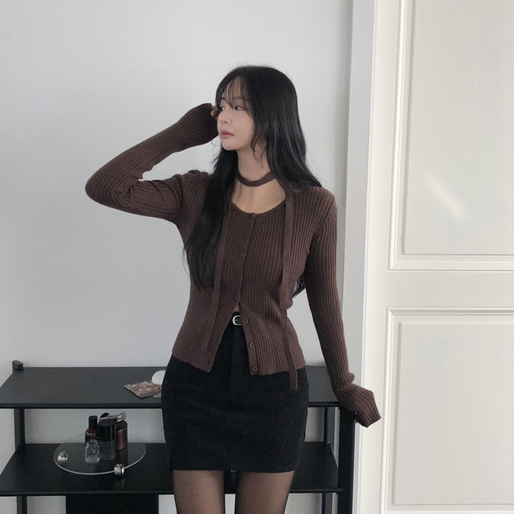 【タイ付き】スリムフィットニットカーディガン(7color) BROWN